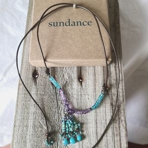 Sundance Turquoise Amethyst beaded adjustable brown leather cord necklace